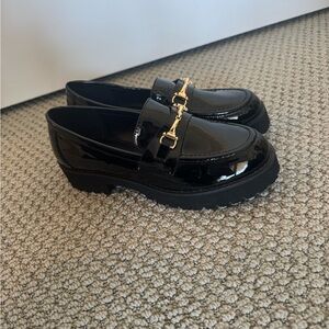 Princess Polly Black Patent Leather Loafers with Gold Horsebit